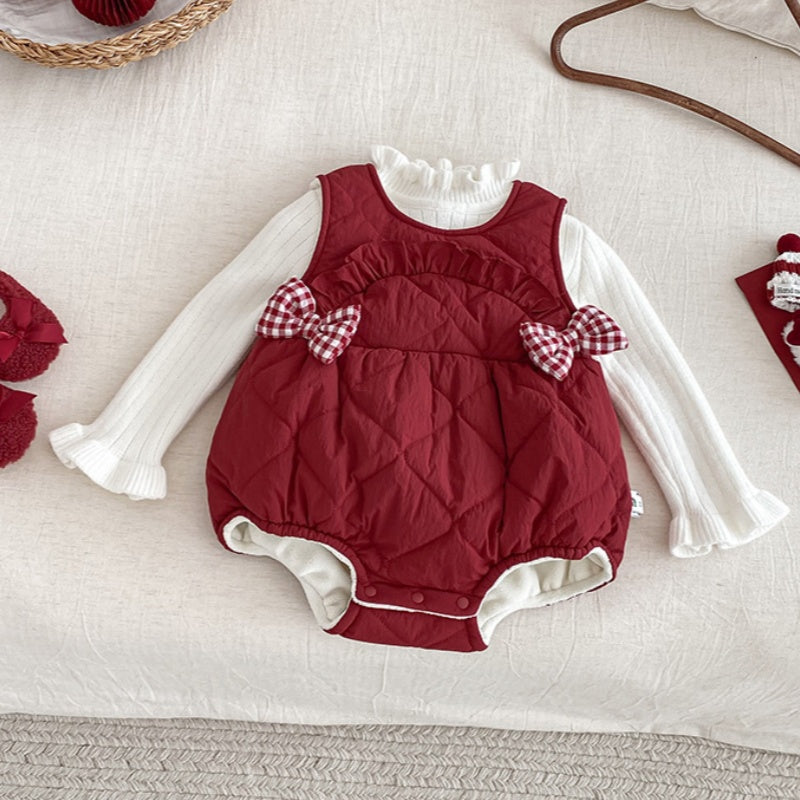【BABY】冬新作キルティング蝶結びあったかロンパースSK103108