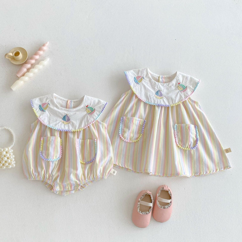 【姉妹服】夏新作 刺繍セーラー舟ロンパース、ワンピースSK072316