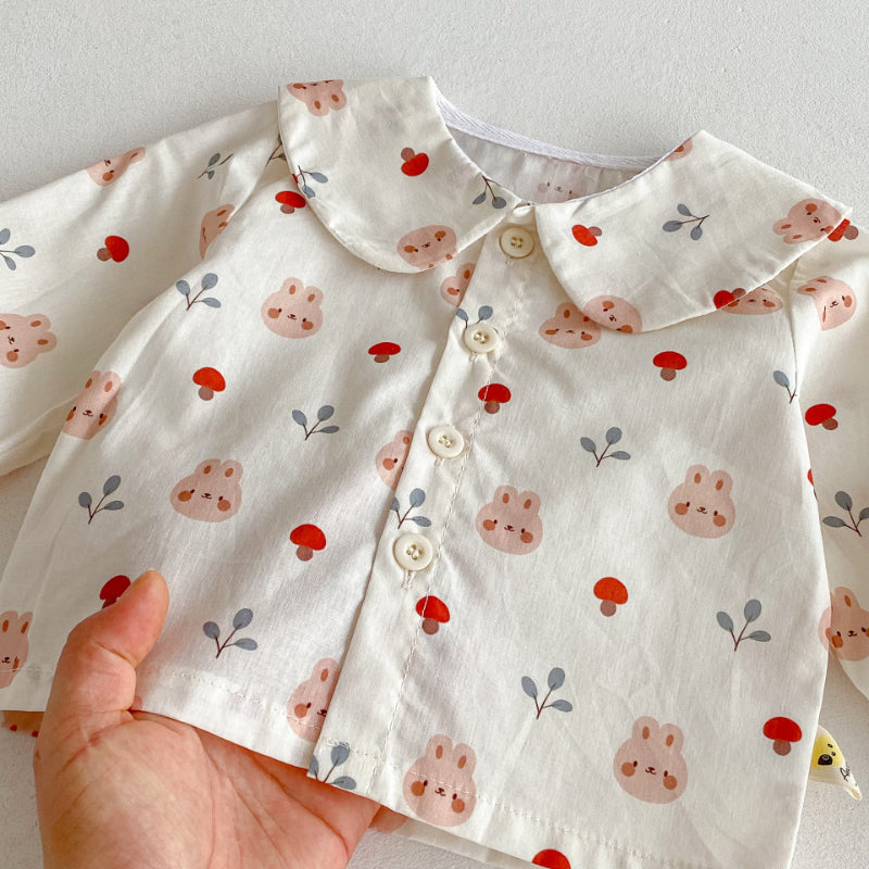 【BABY】小さな襟シャツ＆きのこサロペット2点セットSK092302