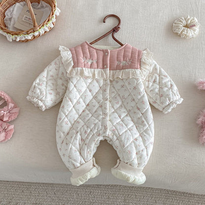 【BABY】冬新作小花柄キルティング フリルカラーカバーオールSK103101