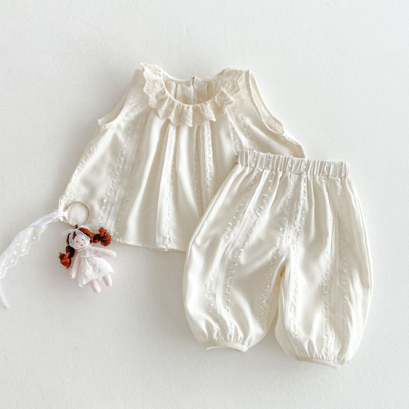 【BABY&KID】夏新作 ノースリーブレース襟トップス＆パンツセットSK070205