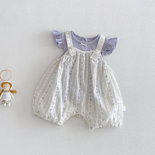 【BABY】夏新作フリルスリーブTシャツ＆小花柄サロペットSK104502