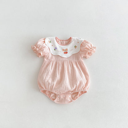 【BABY】夏新作 綿ガーゼ刺繍ロンパースSK090303