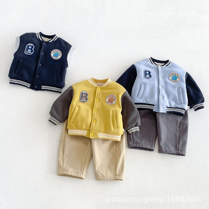 【BABY&KID】冬新作ワッペンベースボールジャケット、無地ロングパンツSK107717