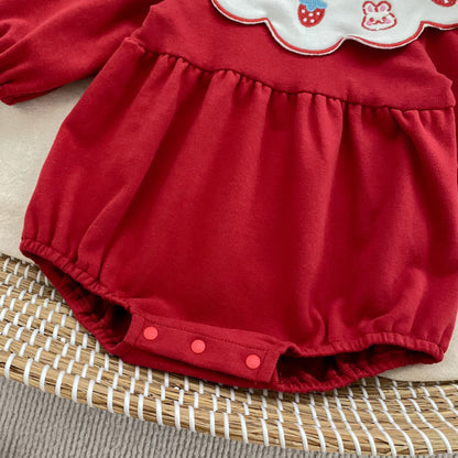 【BABY】イチゴ小兔刺繍襟ロンパースSK092813
