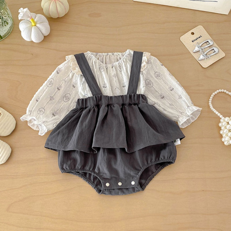 【BABY】花柄サロペットロンパース＆ジャガードブラウス2点セットSK103907