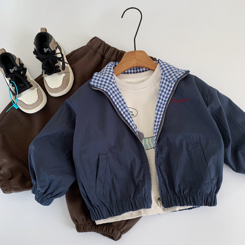 【BABY&KID】チェック象柄or無地リバーシブルコートSK100528