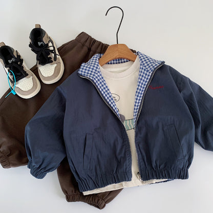 【BABY&KID】チェック象柄or無地リバーシブルコートSK100528