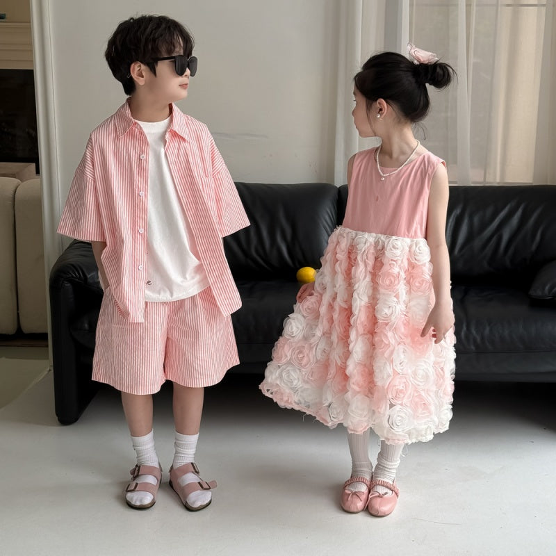 【BABY&KID】夏新作 ボーダーセットアップ、立体フラワーワンピースSK080520