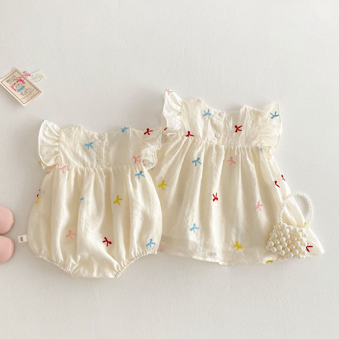 【姉妹服】夏新作  フリル蝶結び柄ロンパース、ワンピースSK061603