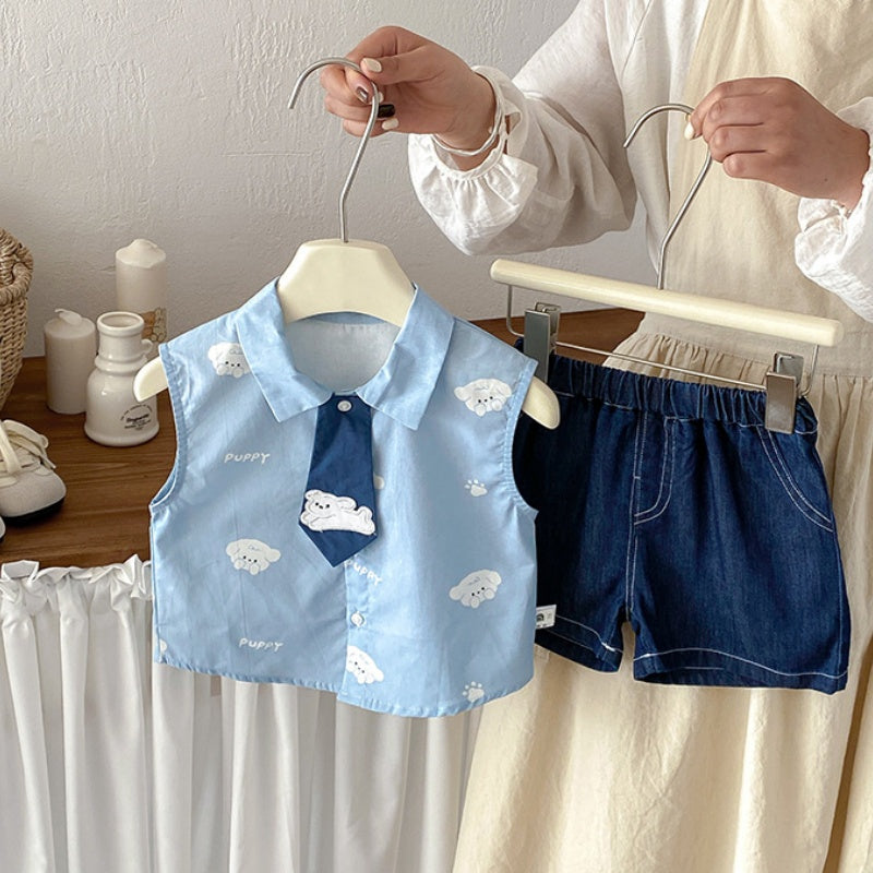 【BABY】夏新作いぬ刺繍ネクタイシャツ、デニムショートパンツSK104806