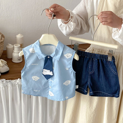 【BABY】夏新作いぬ刺繍ネクタイシャツ、デニムショートパンツSK104806