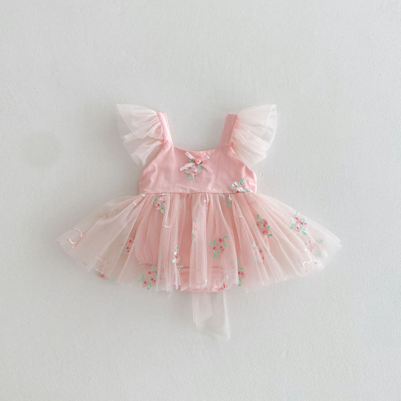 【BABY】夏新作 フラワー刺繍プリンセスロンパースワンピSK081708