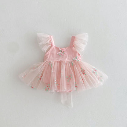 【BABY】夏新作 フラワー刺繍プリンセスロンパースワンピSK081708