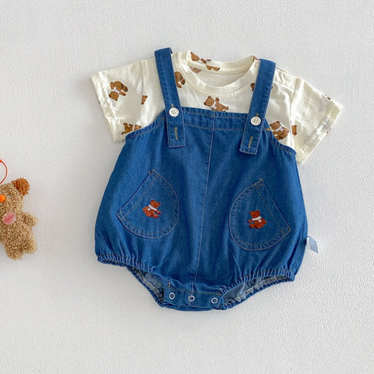 【BABY】夏新作くま刺繍デニムロンパース＆くまTシャツSK104509