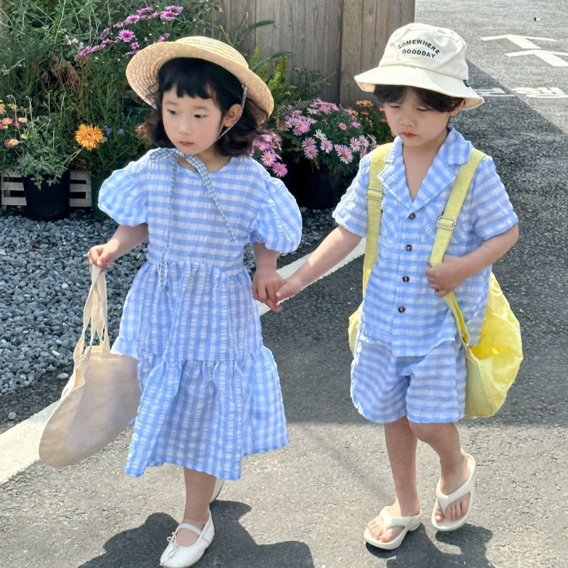 【BABY&KID】夏新作 ブルーチェックセットアップ、ワンピースSK072110