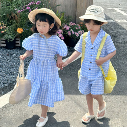 【BABY&KID】夏新作 ブルーチェックセットアップ、ワンピースSK072110