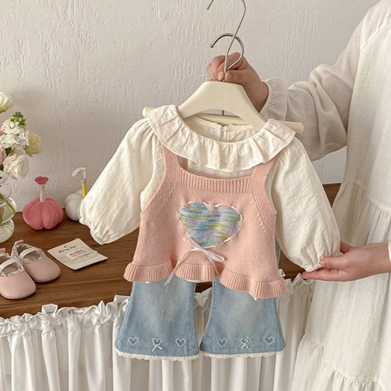【BABY】ハートニットベスト＆フリルシャツ、ハート刺繍デニムSK103713