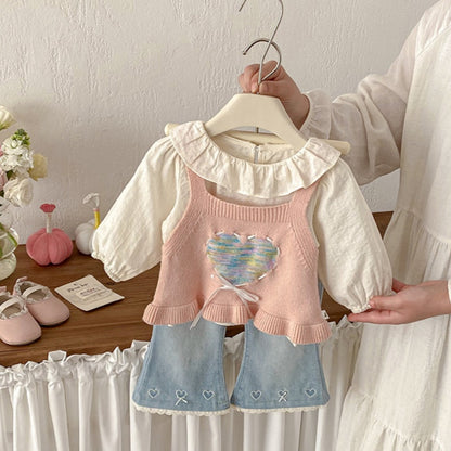 【BABY】ハートニットベスト＆フリルシャツ、ハート刺繍デニムSK103713