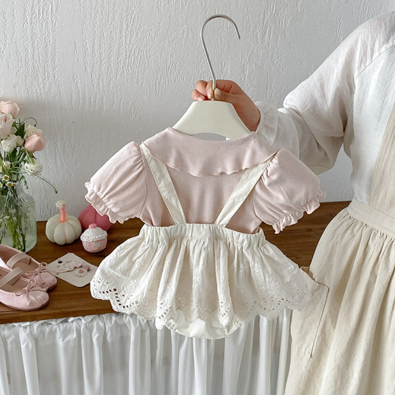 【BABY】夏新作 パフスリーブTシャツ＆レースサロペットショートパンツSK104817