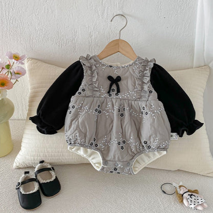 【BABY】冬新作小花柄蝶結びキルティングロンパースSK103102