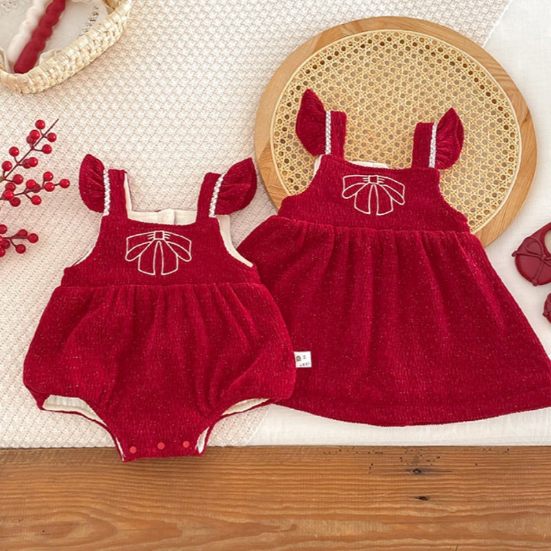 【BABY】冬新作蝶結び刺繍あったかロンパース、ワンピースSK103114