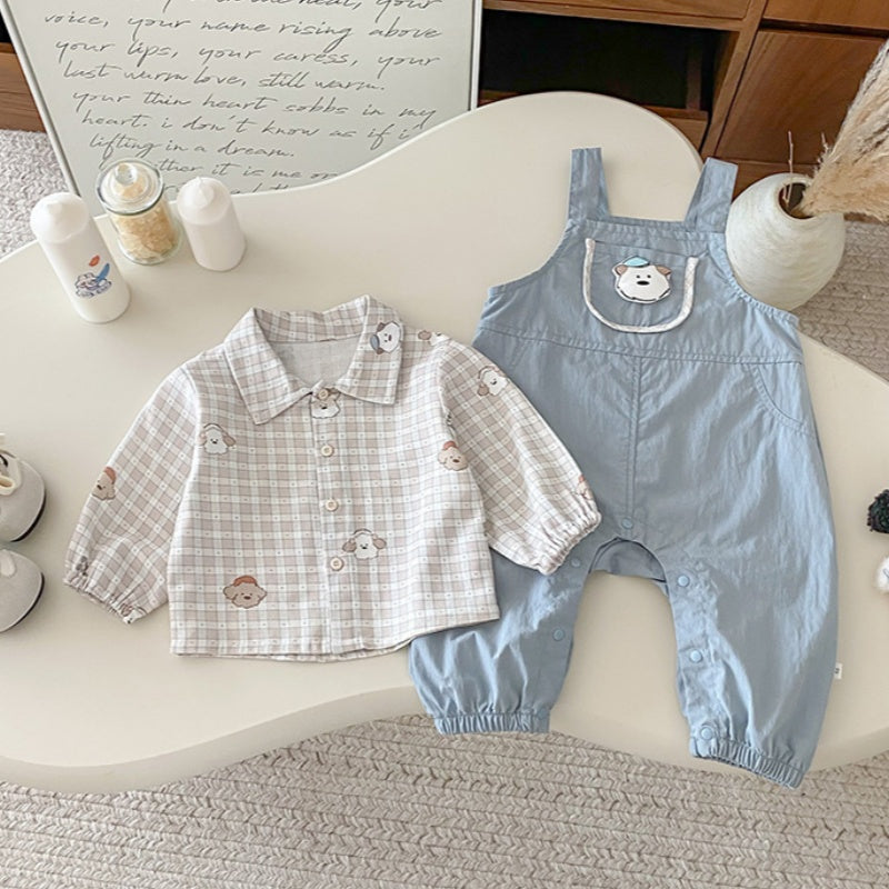 【BABY】いぬチェックシャツ&いぬサロペットパンツSK100427