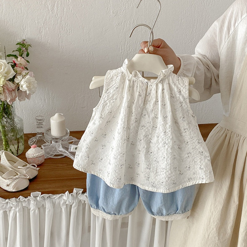 【BABY】夏新作小花柄ノースリーブトップス＆レース裾パンツSK104522