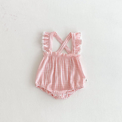 【BABY】夏新作 フリル袖チェックサロペットロンパースSK091924