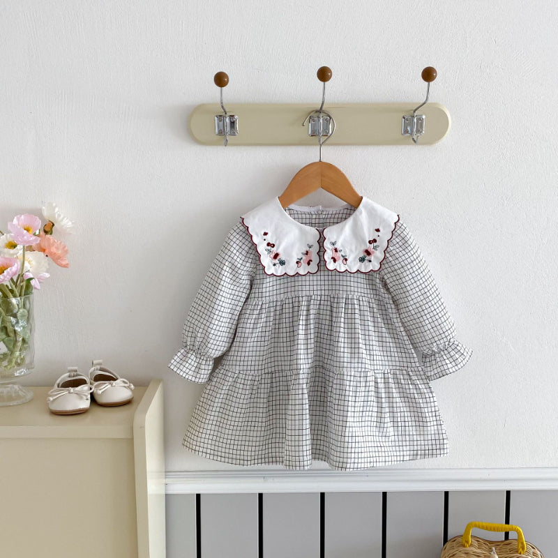 【BABY&KID】チェック花柄刺繍ワンピースSK011006
