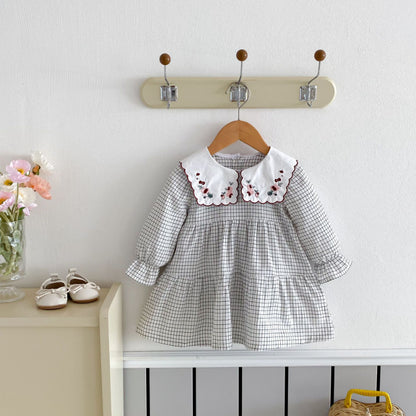 【BABY&KID】チェック花柄刺繍ワンピースSK011006