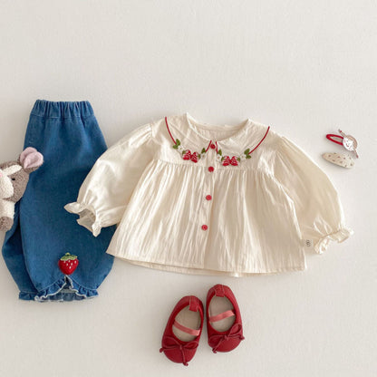 【BABY&KID】いちご刺繍ブラウス、いちごデニムパンツSK100319