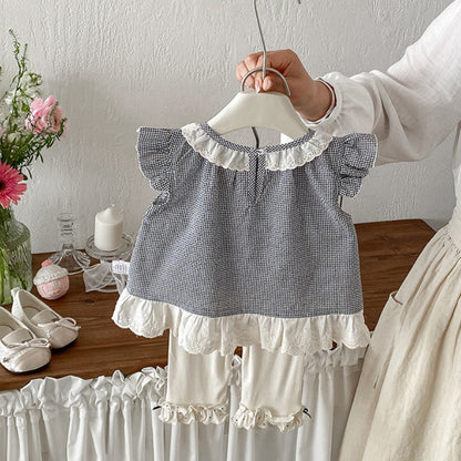【BABY】夏新作チェックフリルスリーブシャツ、ドットフリルレギンスSK105315