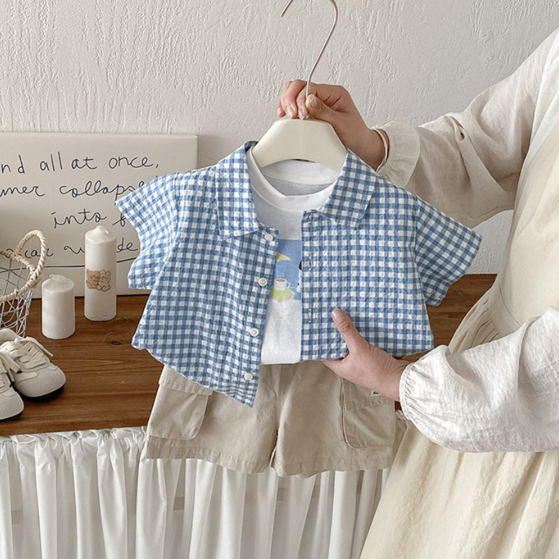 【BABY】夏新作シンプルチェックシャツ、カートゥーンベスト、ショートパンツSK105316