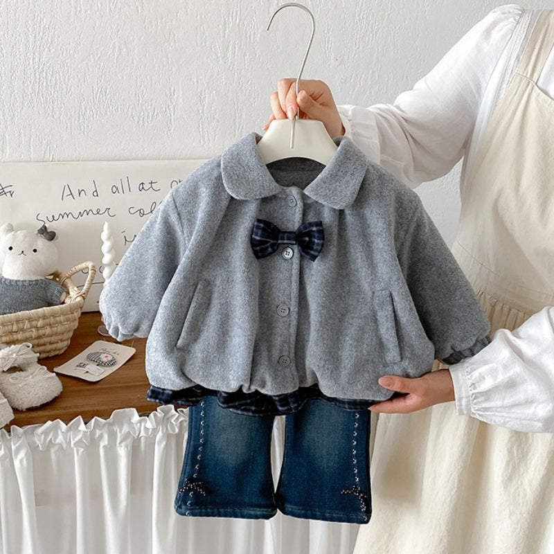【BABY】冬新作蝶結び裏起毛ジャケット、ブルーデニムパンツSK108310