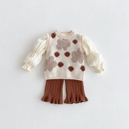 【BABY&KID】花柄ベスト&パフ袖トップス&ニットパンツ3点セットSK100332