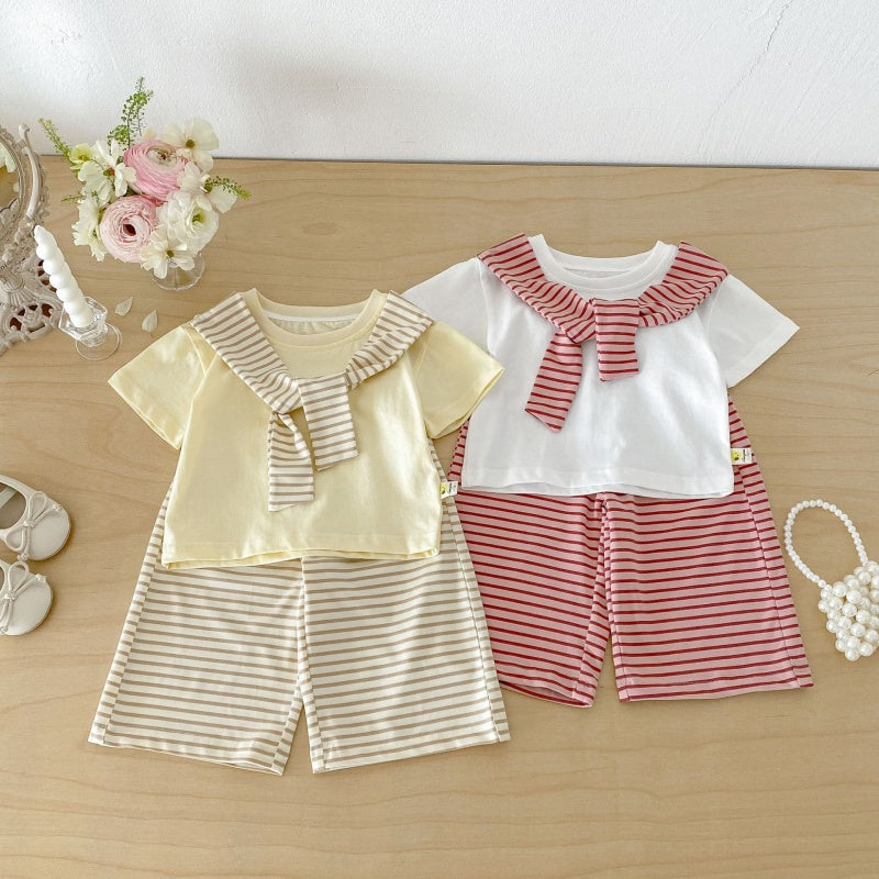 【BABY&KID】夏新作ケープ風半袖Tシャツ＆ボーダーワイドパンツSK105801