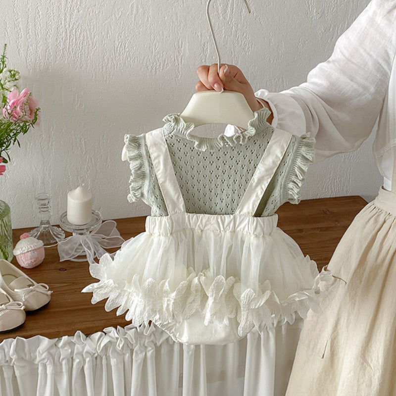 【BABY】夏新作チュールサロペットロンパース、透かし編みニットベストSK105306