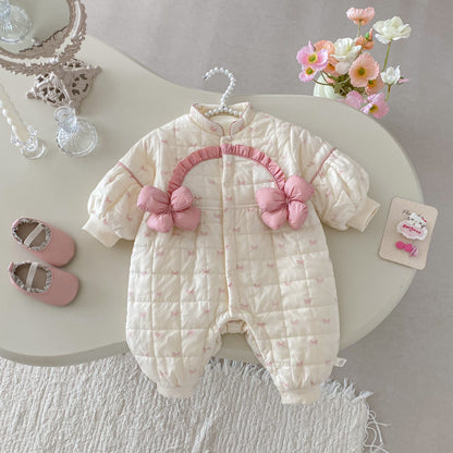 【BABY】蝶結びプリント立体フラワーカバーオールSK102926