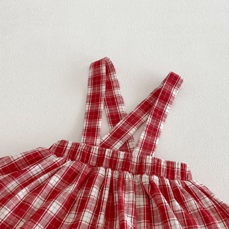 【BABY】チェックサロペットロンパース＆うさぎ刺繍SK103618