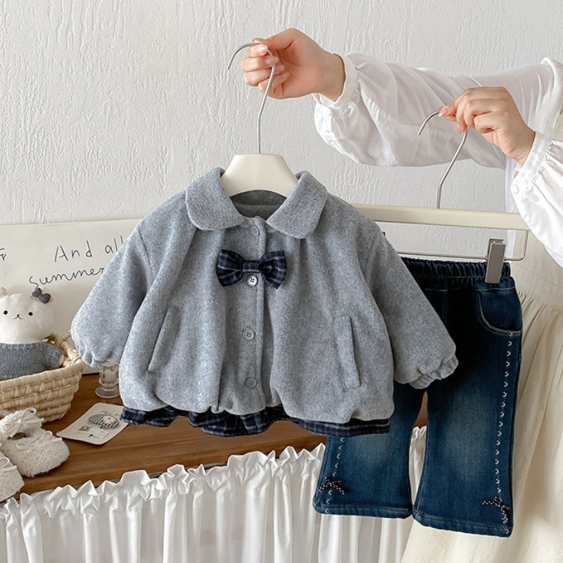 【BABY】冬新作蝶結び裏起毛ジャケット、ブルーデニムパンツSK108310