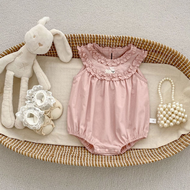 【BABY】夏新作うさぎ刺繍フリルロンパースSK105507