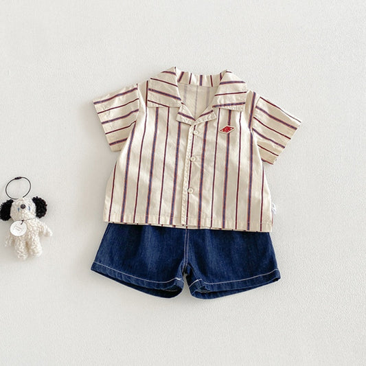 【BABY】夏新作韓国風ストライプシャツ、デニムショートパンツSK104804