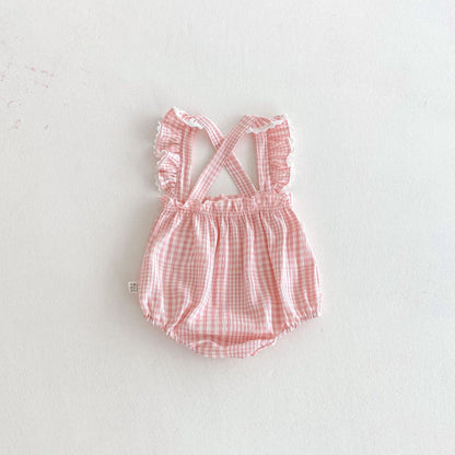 【BABY】夏新作 フリル袖チェックサロペットロンパースSK091924