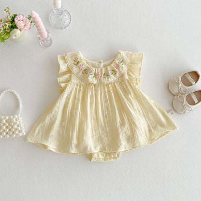 【BABY】夏新作 ラウンドネック刺繍フリルロンパースSK070110