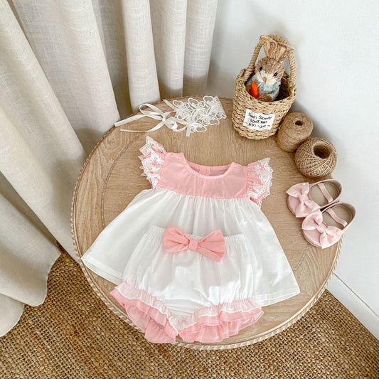 【BABY&KID】夏新作 バイカラーフリル袖トップス＆ショートパンツSK081525