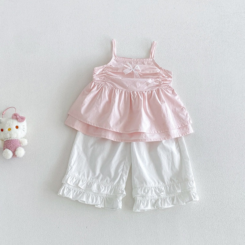 【BABY】夏新作スウィート蝶結びキャミトップス＆フリルワイドパンツSK105710