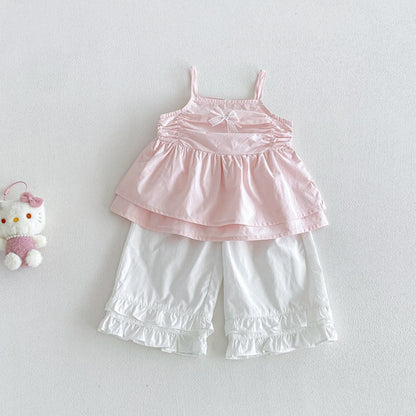 【BABY】夏新作スウィート蝶結びキャミトップス＆フリルワイドパンツSK105710