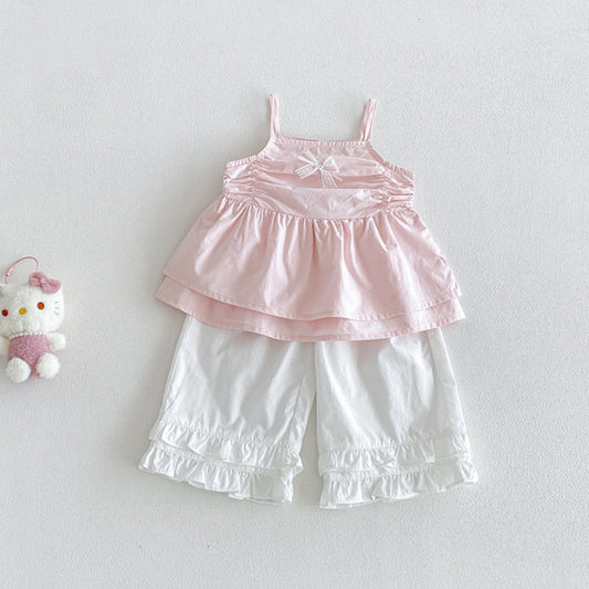 【BABY】夏新作スウィート蝶結びキャミトップス＆フリルワイドパンツSK105710
