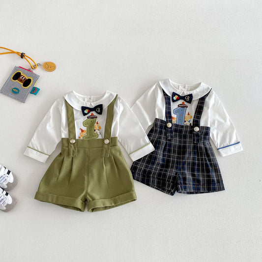 【BABY&KID】韓国風リボンタイシャツ、サロペットショーツSK103522